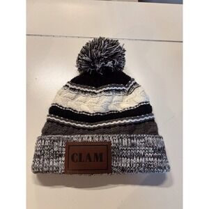 CLAM Stocking Cap With Pom Pom grey And White Striped